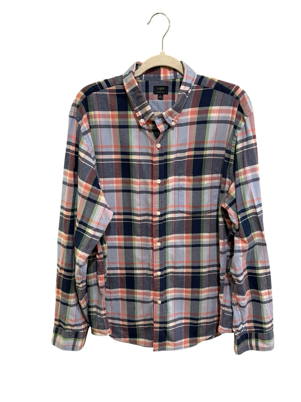 J. Crew Men's “Summer Plaid” 100% Cotton Button-Down Shirt - Navy, Red, Green